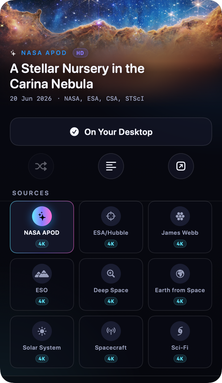 The Caelum panel showing the NASA Astronomy Picture of the Day